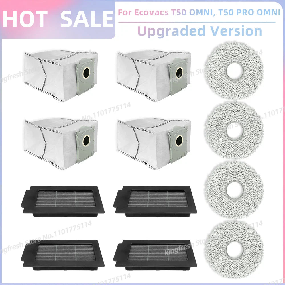 ECOVACS T50 PRO/OMNI Vacuum Replacement Parts – Main Roller, Side Brush, HEPA Filter, Mop Cloth & Dust Bag