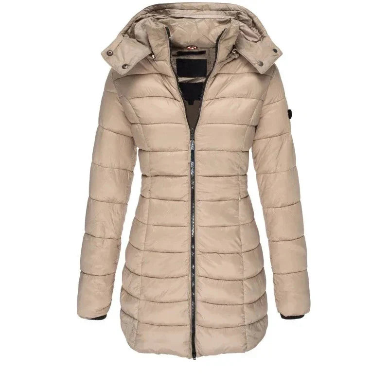Women’s Winter Padded Parka – Thick Warm Mid-Length Slim Hooded Coat with Zipper