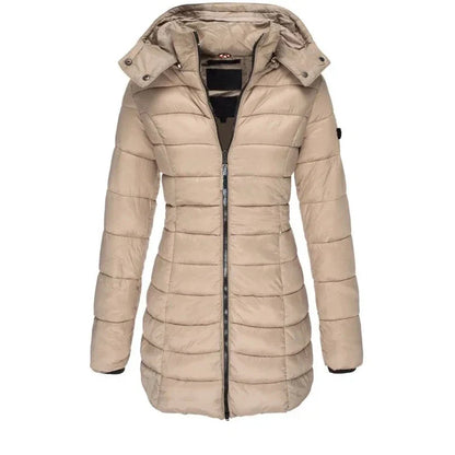 Women’s Winter Padded Parka – Thick Warm Mid-Length Slim Hooded Coat with Zipper