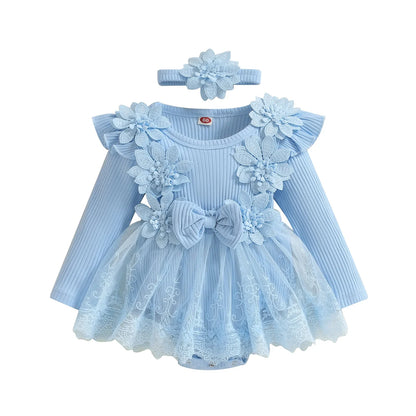 3D Flower Baby Girls’ Romper - Princess Mesh Lace Ruffle Bodysuit Dress with Headband