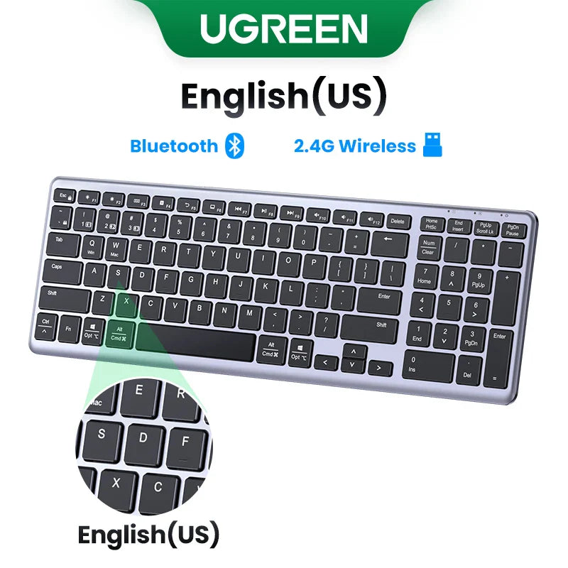 UGREEN Wireless Bluetooth 5.0 & 2.4G Keyboard – 99 Keycaps Russian/Korean/English, USB-C Rechargeable for MacBook, iPad, PC & Tablet