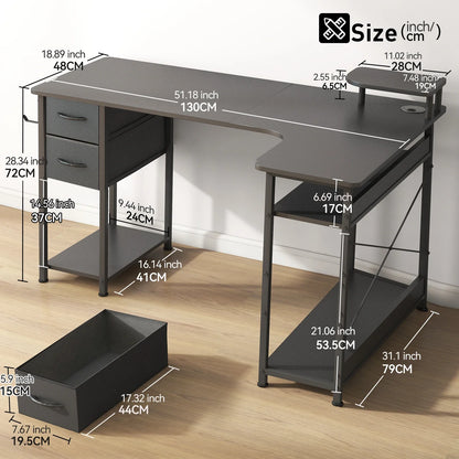 L-Shaped Gaming Desk with Drawers – Carbon Fiber Computer Desk with Monitor Arm for Home Office