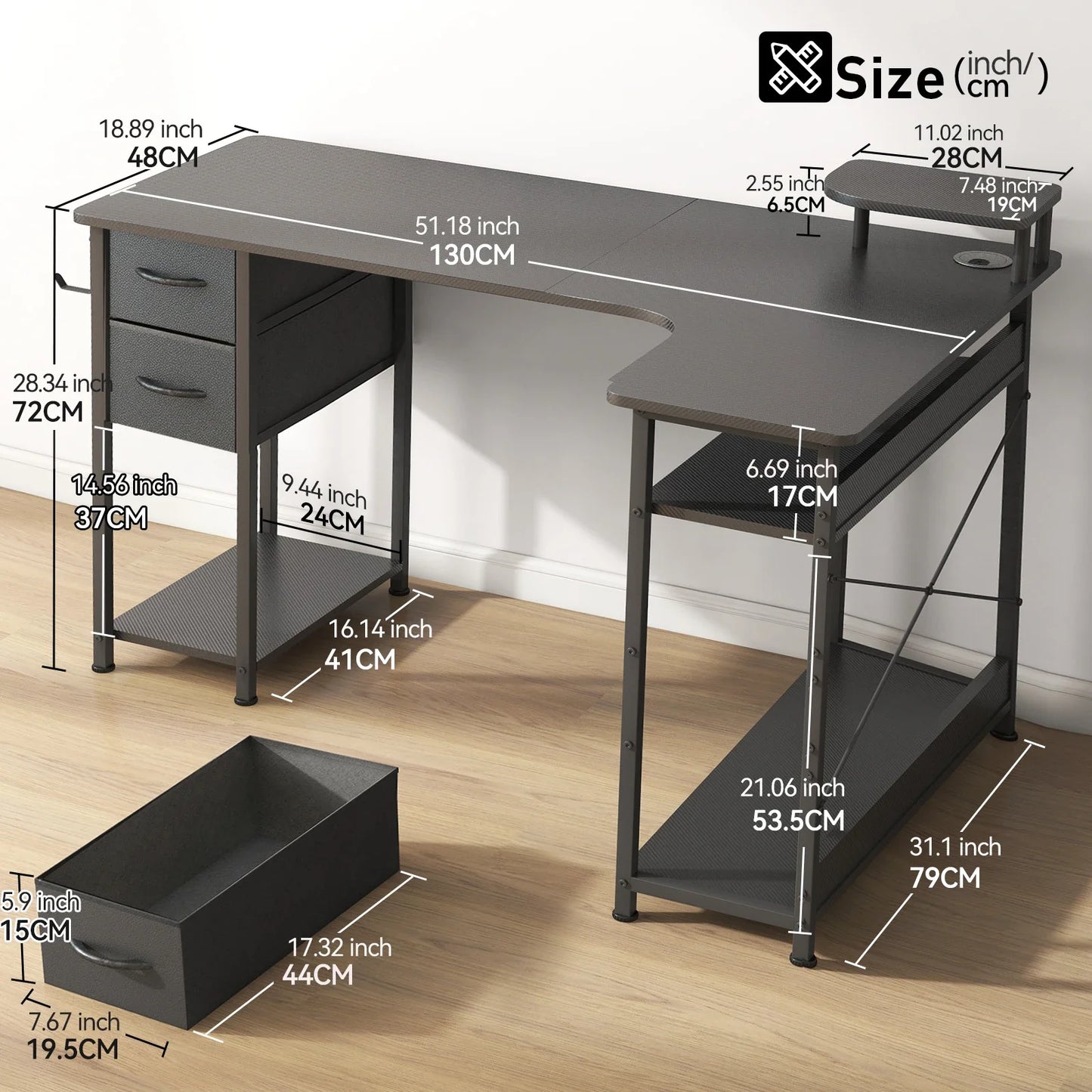 L-Shape Carbon Fiber Gaming Desk with Drawers & Monitor Arm – Home Office Computer Desk