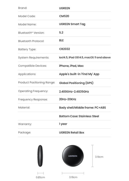 UGREEN SmartTrack Link — Security Smart Tag Bluetooth GPS Tracker for Apple Find My, Earbuds, Luggage MFi Finder iOS