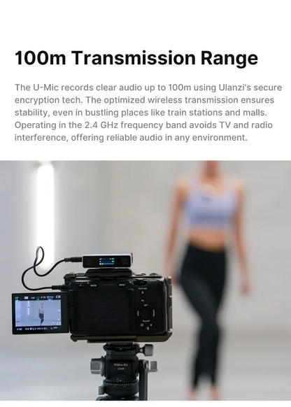 Ulanzi AM18 U-Mic 2.4G Wireless Stereo Microphone – 100m Dual-Channel Recording for DSLR, iOS, Android & PC Live Interviews