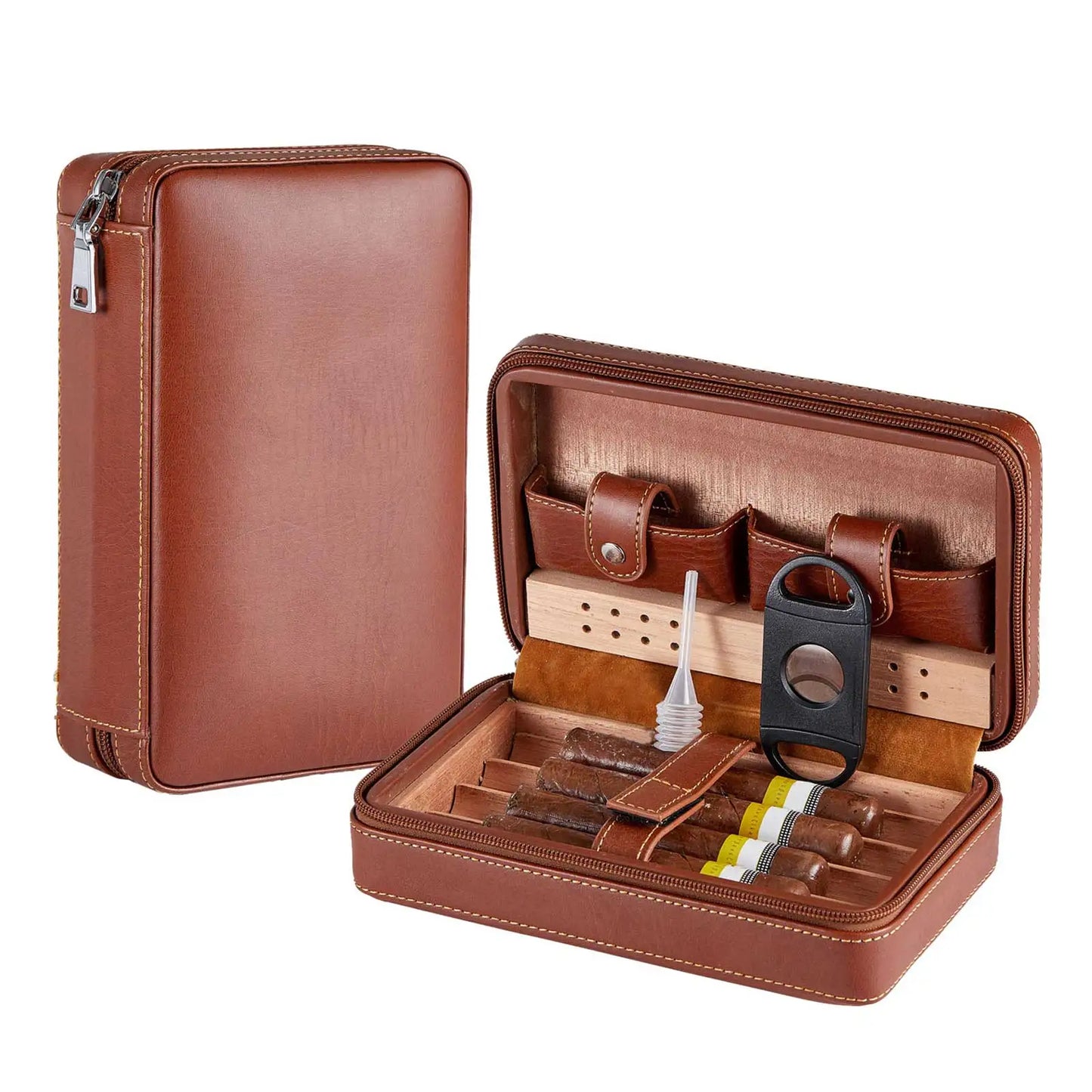 Cedarwood Cigar Case – Portable Leather Cigar Box for 4 Cigars, Humidor Kit with Humidifying Holder & Accessories