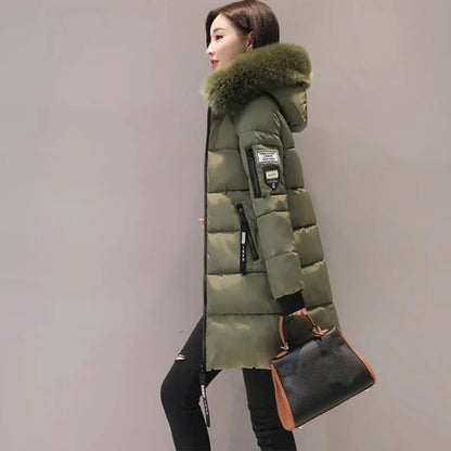 Women's Winter Parka – Fur Collar Hooded Long Jacket, Slim Fit, Warm & Thick with Letter Patch & Zipper Pockets