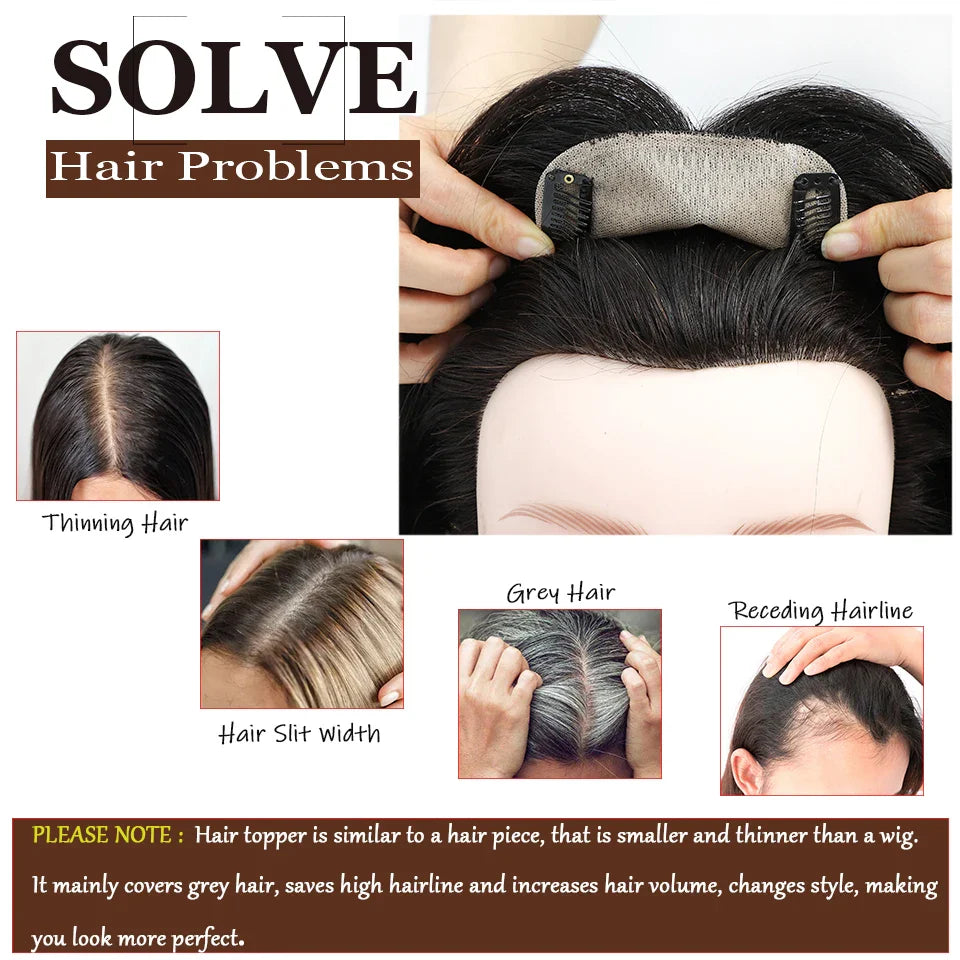 Dazzeal Human Hair Topper – 100% Real Straight Hair, Lace Base, Clip-In with Bangs, 10x12cm, 360° Coverage