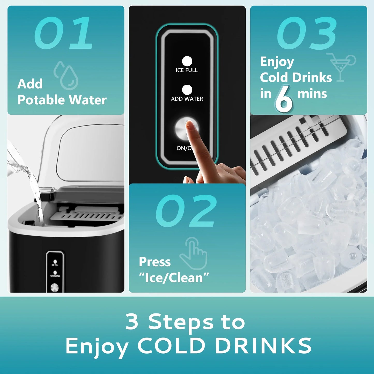 ICYGLEE Portable Ice Maker – 26.5lbs/Day, 9 Cubes in 6 Mins with Auto-Cleaning for Home & Camping