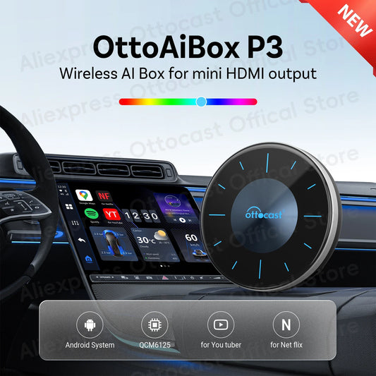 OTTOCAST P3 Android AI Box – Wireless CarPlay & Android Auto with HDMI Output, Built-in GPS, YouTube & Netflix for Car