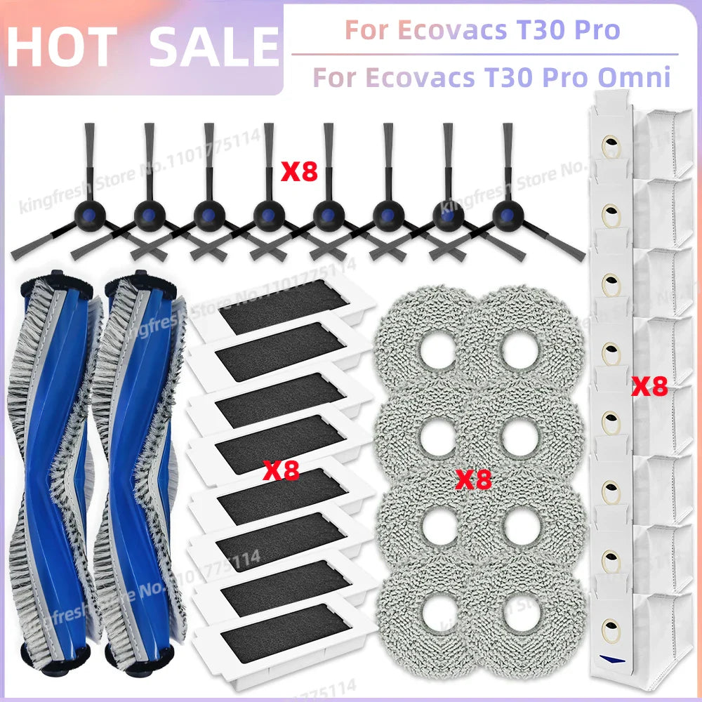 Replacement Parts for Ecovacs T30 Pro Omni & YEEDI M12 Ultra Plus – Main Roller, Side Brush, Filter, Dust Bag, Mop Cloth
