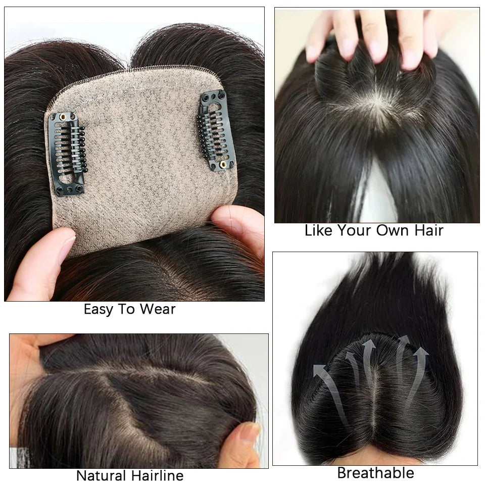 Dazzeal Human Hair Topper – 100% Real Straight Hair, Lace Base, Clip-In with Bangs, 10x12cm, 360° Coverage