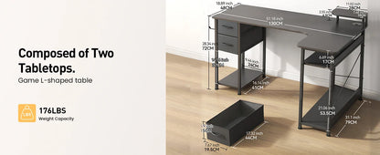 L-Shape Carbon Fiber Gaming Desk with Drawers & Monitor Arm – Home Office Computer Desk