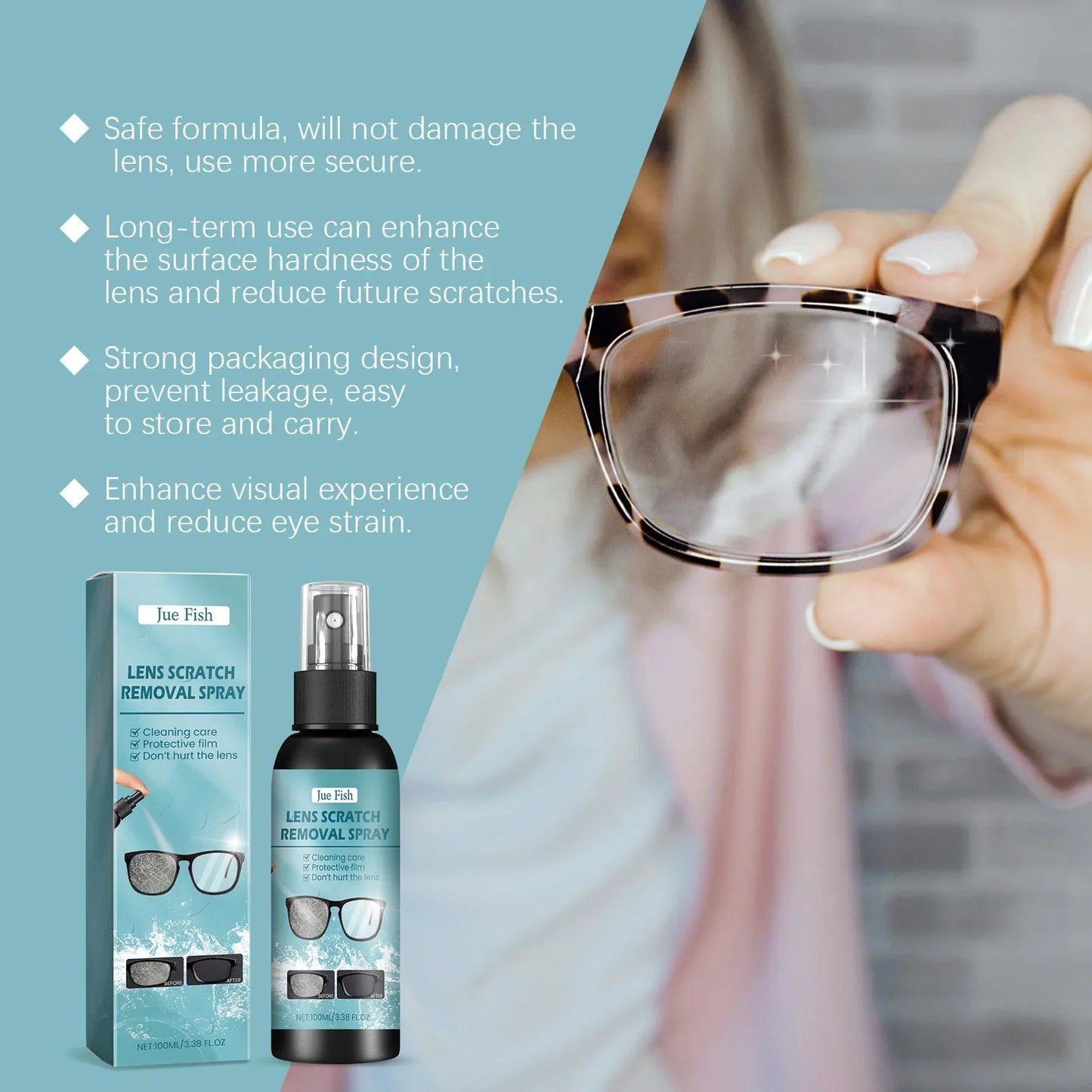 Jue-Fish 100ml Glasses Scratch Removal Spray – Lens & Camera Screen Cleaner, Eyeglass Repair Solution