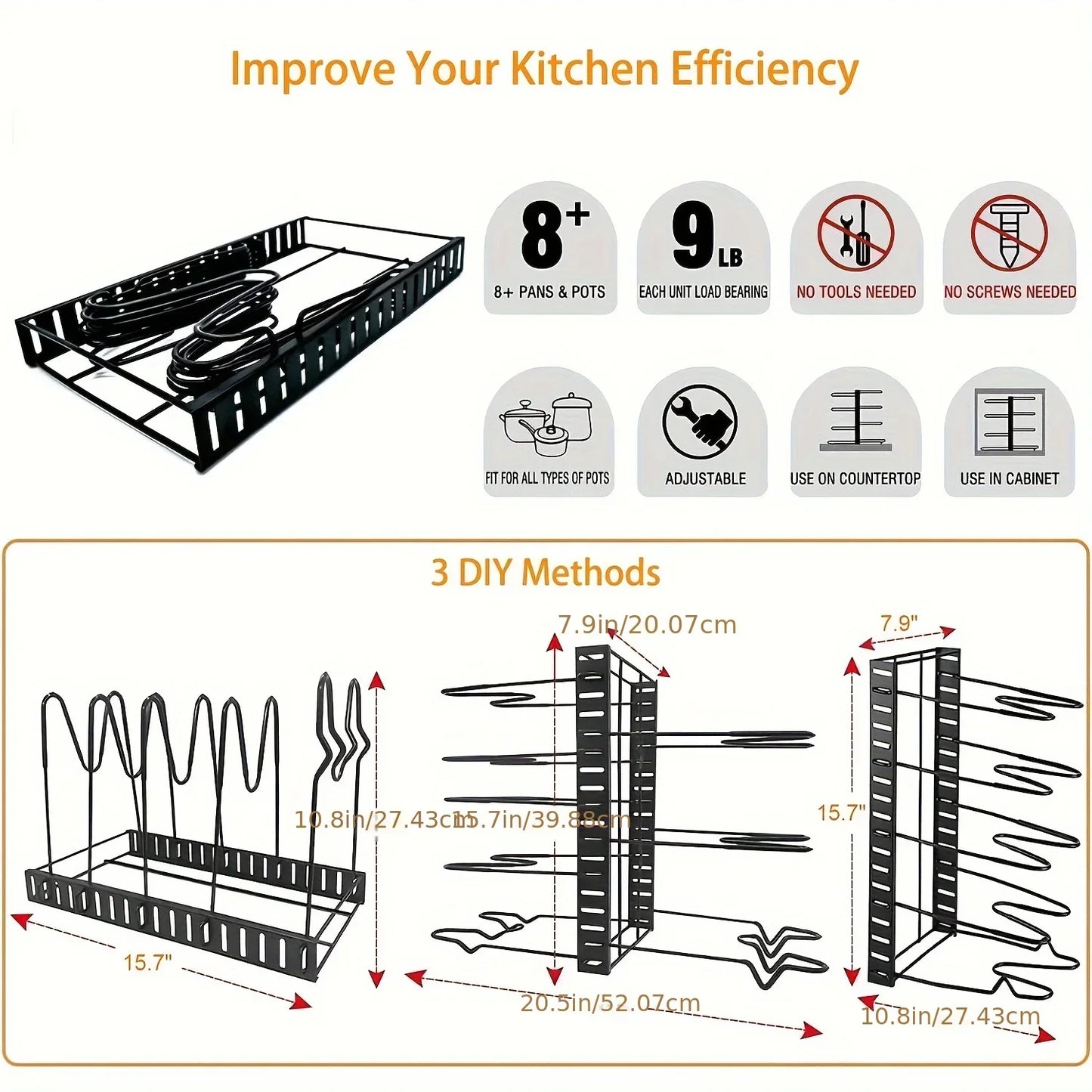 8-Tier Metal Pot Rack Organizer – Durable Space-Saving Cabinet Holder for Pots, Pans & Lids