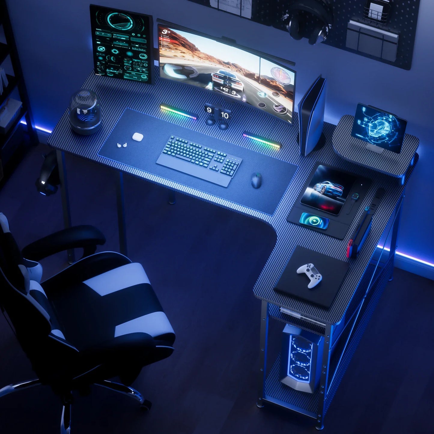 L-Shaped Gaming Desk with Drawers – Carbon Fiber Computer Desk with Monitor Arm for Home Office