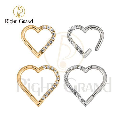 Right Grand ASTM F136 Titanium Daith Heart Hoop Earring – Hinged Segment Ring with Clear CZ for Cartilage, Tragus & Helix Piercing Jewelry