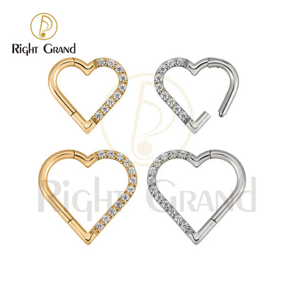 Right Grand ASTM F136 Titanium Daith Heart Hoop Earring – Hinged Segment Ring with Clear CZ for Cartilage, Tragus & Helix Piercing Jewelry