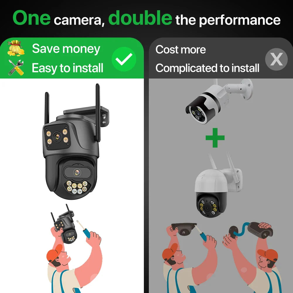 6K 9MP HD Outdoor IP Camera, 3-Lens, Dual Screen, 4K/8MP, Auto Tracking PTZ Security Surveillance with iCSee