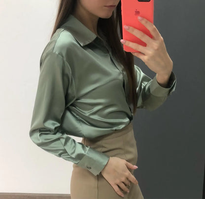 Elegant Satin Women’s Shirt — Loose Vintage Blouse with Turn-Down Collar for Spring & Autumn