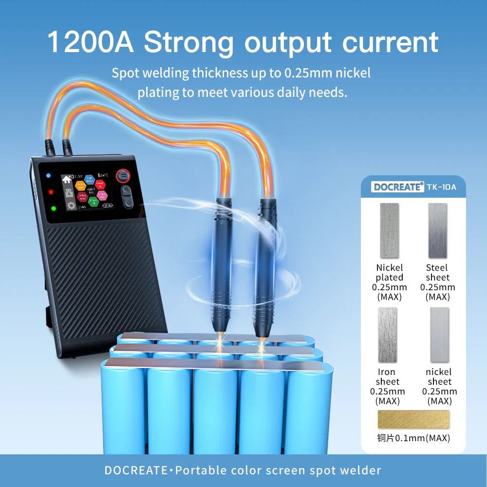 DOCREATE TK-10A Portable Spot Welder 1200A – LCD Display, 8000mAh Battery, Dual Pulse Welding for 0.25mm Nickel Strip