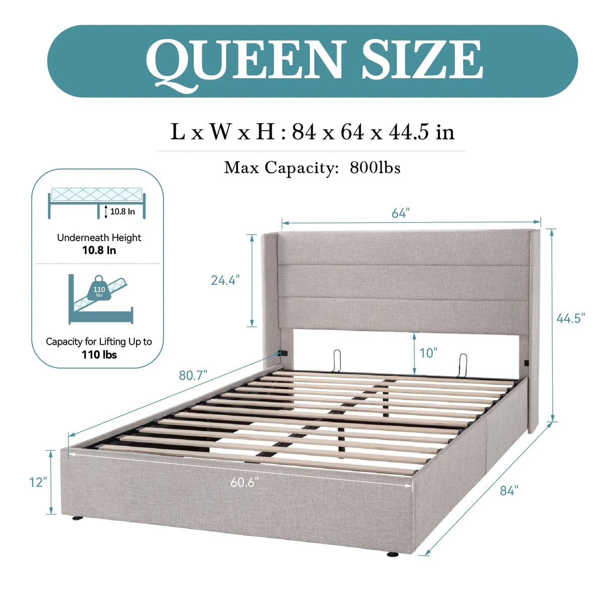 HOOMIC Lift-Up Storage Bed with Wingback Headboard - Heavy-Duty Hydraulic Platform Bed with Large Underbed Storage
