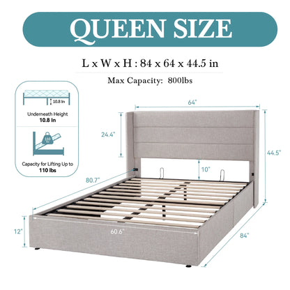 HOOMIC Lift-Up Storage Bed with Wingback Headboard - Heavy-Duty Hydraulic Platform Bed with Large Underbed Storage