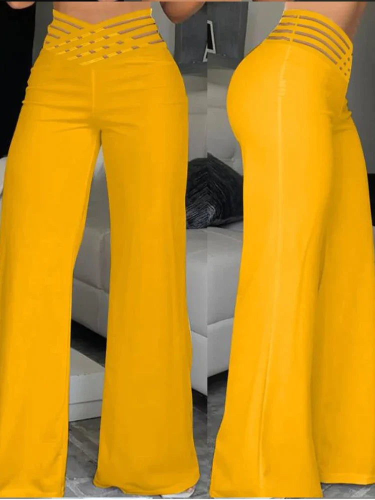 Stay on Trend: Women's Autumn Wide Leg Flared Pants with Crisscross Sheer Mesh Patch - High Waist Y2K Streetwear for an Elegant Work Look
