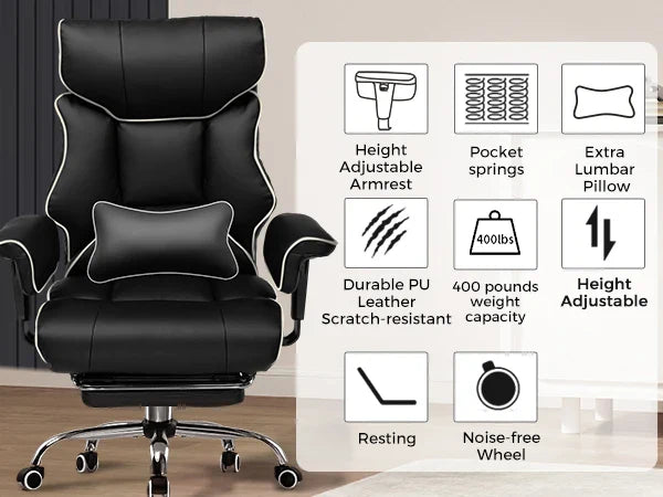 COMHOMA Big & Tall Office Chair – 400lbs High Back Leather Executive Chair with Ergonomic Lumbar Support & Pocket Spring Cushion