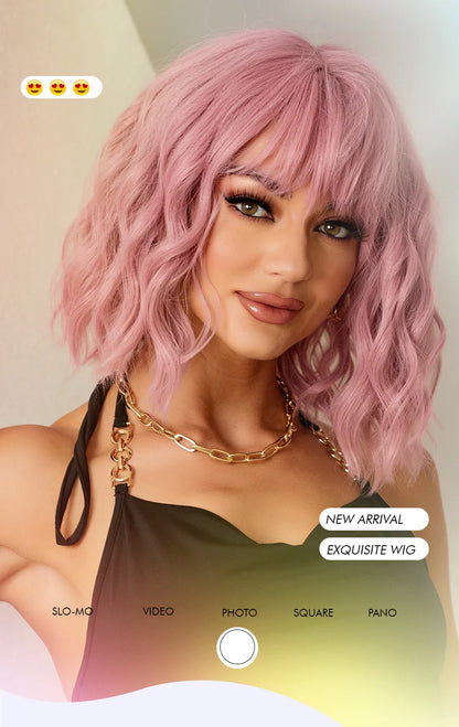 CharmSource Pink BOBO Short Synthetic Wig – Natural Wavy Heat Resistant Hair Wig for Women, Party & Daily Wear