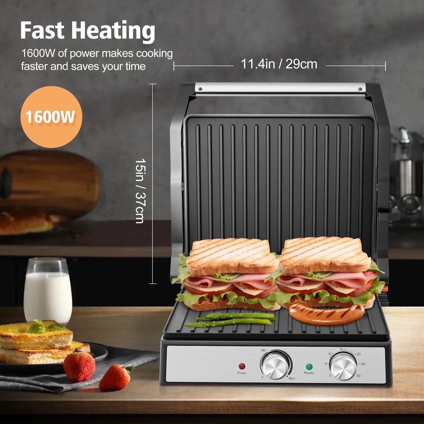 1600W Electric Panini Press Sandwich Maker — Indoor Grill with Non-Stick Plates, Adjustable Temperature & Timer
