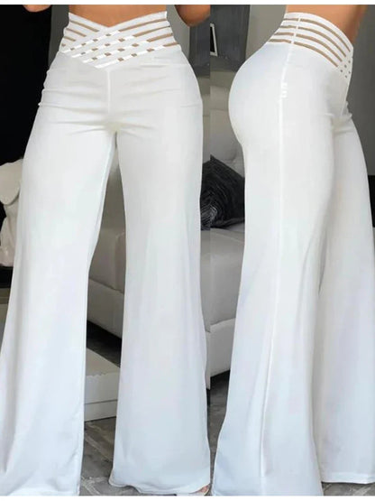 Stay on Trend: Women's Autumn Wide Leg Flared Pants with Crisscross Sheer Mesh Patch - High Waist Y2K Streetwear for an Elegant Work Look