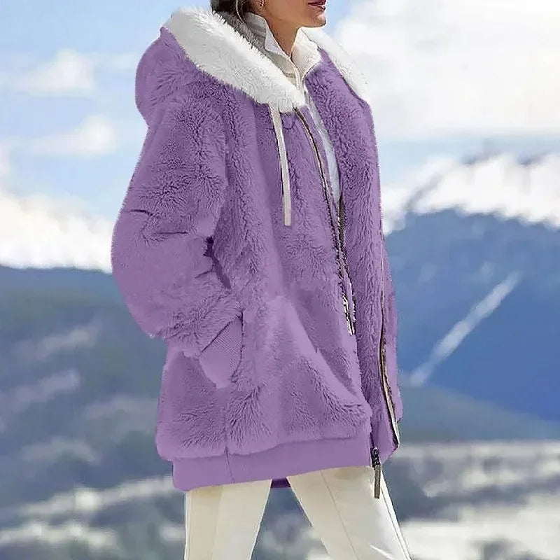 2024 Winter Fashion Women's Hooded Zipper Coat - Casual Cashmere Fleece Jacket in Solid Colors