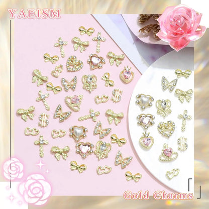 80PCS Gold Nail Charms - 12 Shapes including Heart, Butterfly, Cross, & Shiny Money Sign, 3D Alloy Nail Decorations