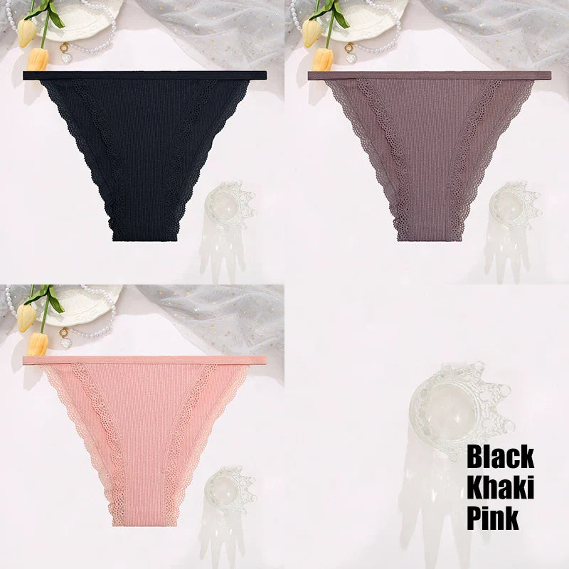FINETOO 3pcs Women’s Lace Cotton Briefs — Solid, Comfortable, Breathable Soft Underwear & Lingerie