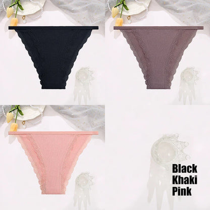 FINETOO 3pcs Women’s Lace Cotton Briefs — Solid, Comfortable, Breathable Soft Underwear & Lingerie