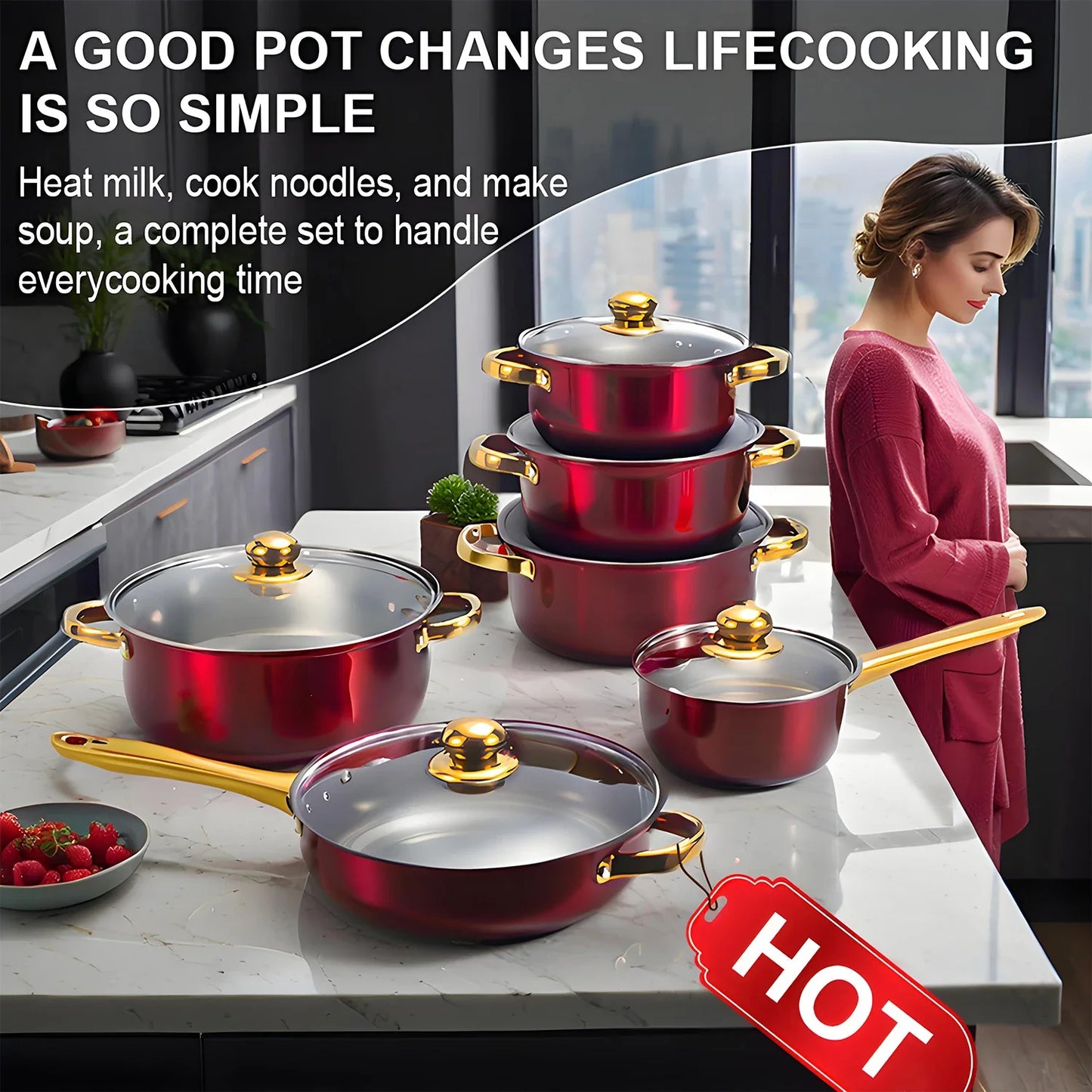 12-Piece Red Cookware Set – Stainless Steel Non-Stick Kitchen Cookware Collection