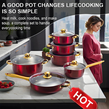 12-Piece Red Cookware Set – Stainless Steel Non-Stick Kitchen Cookware Collection