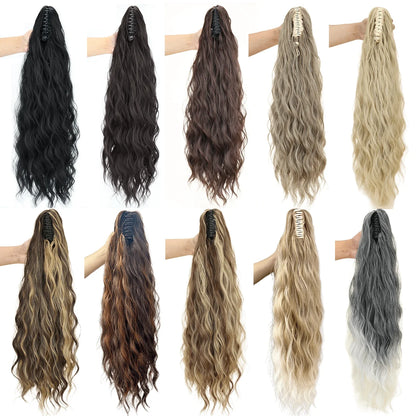Synthetic Water Wave Claw Clip Ponytail Hair Extension – Black & Blonde, Heat-Resistant Fluffy Messy Style for Women