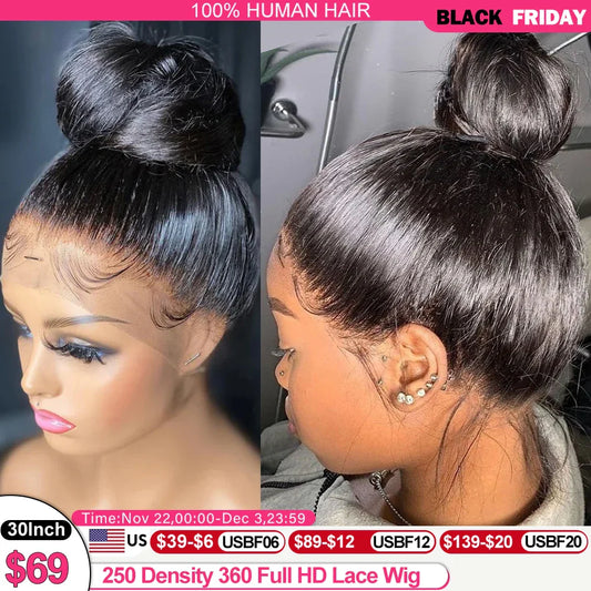 250% Density 360 Full HD Lace Front Human Hair Wig – 13x6 Straight Pre-Plucked Glueless Ready-to-Wear Wig for Women