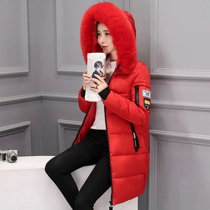 Women's Winter Parka – Fur Collar Hooded Long Jacket, Slim Fit, Warm & Thick with Letter Patch & Zipper Pockets