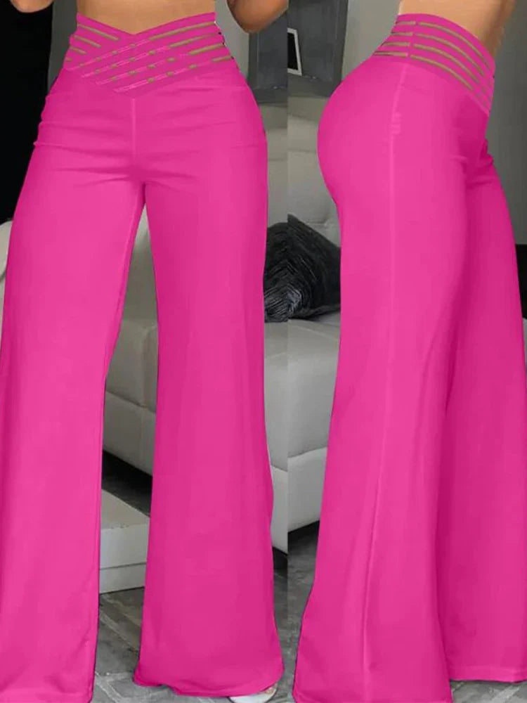 Stay on Trend: Women's Autumn Wide Leg Flared Pants with Crisscross Sheer Mesh Patch - High Waist Y2K Streetwear for an Elegant Work Look