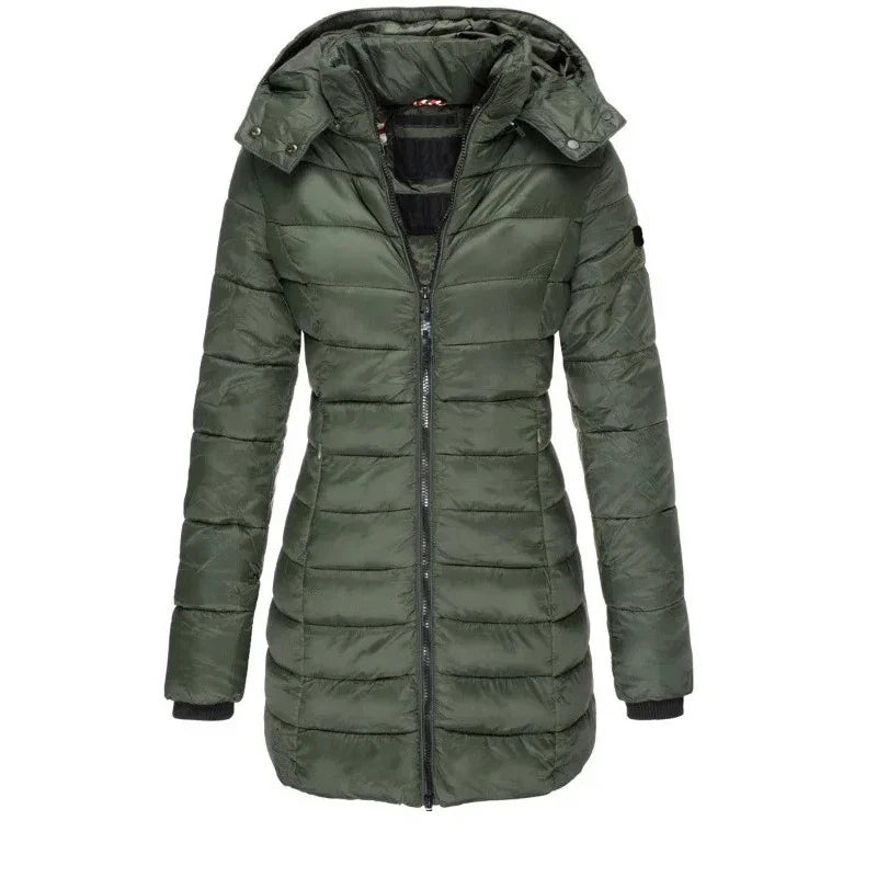 Women’s Winter Padded Parka – Thick Warm Mid-Length Slim Hooded Coat with Zipper