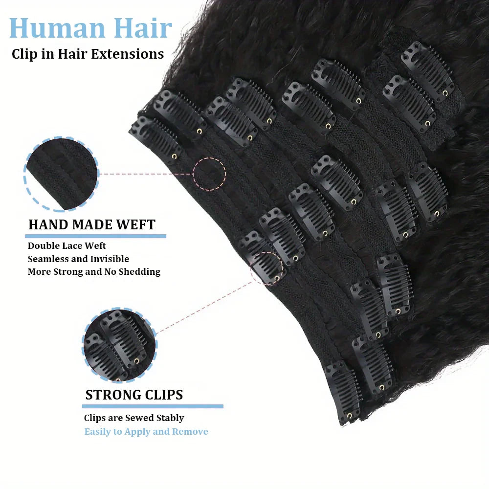 Kinky Straight Clip-In Hair Extensions – 100% Real Human Hair, Natural Black, 8 Pcs/120g, Full Head Brazilian Remy