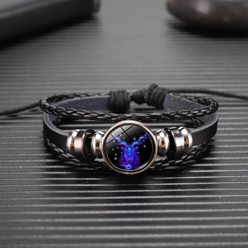 12 Zodiac Signs Constellation Charm Bracelet - Luminous Multilayer Weave Leather Bangle for Men & Women, Birthday Gift