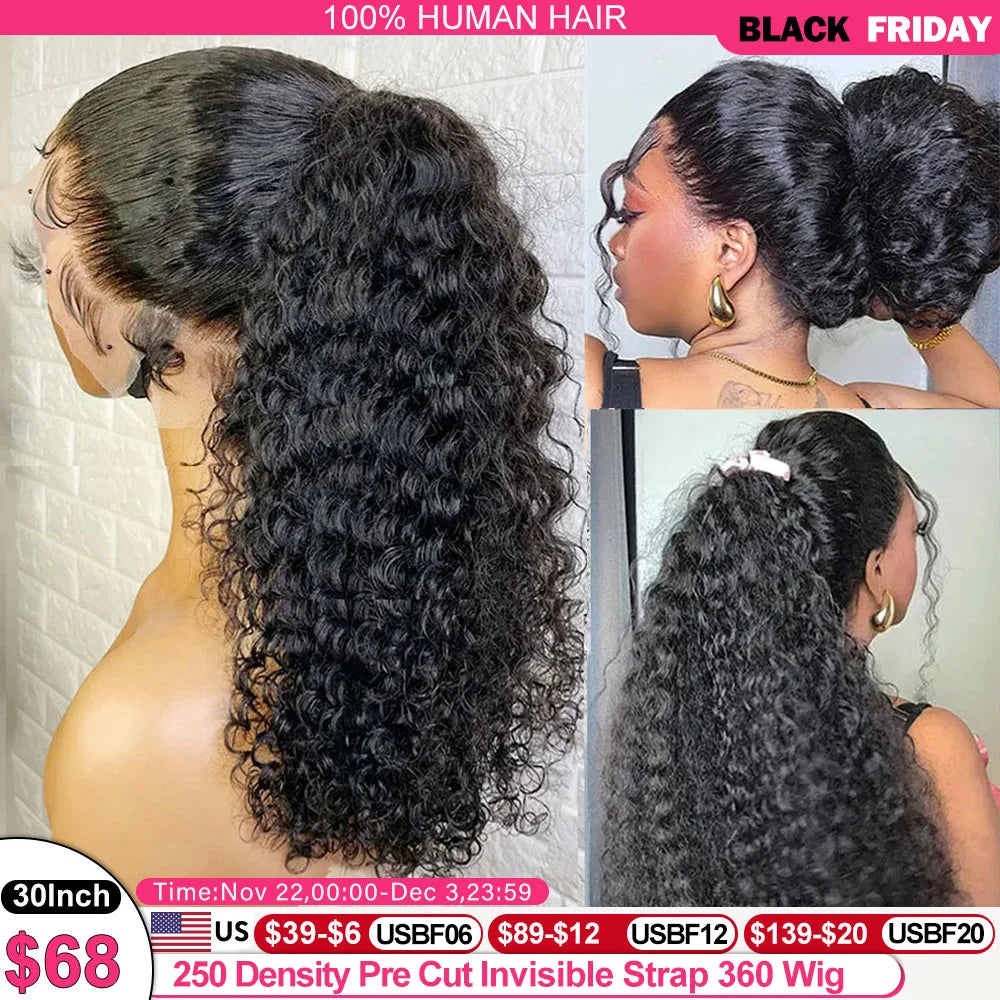 250 Density Deep Curly Wave 360 HD Lace Front Human Hair Wig – Water Wave 13x6 Lace Frontal Glueless Wig, 100% Human Hair