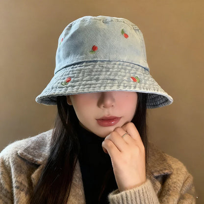 Embroidered Denim Bucket Hat – Summer Beach Fisherman Sun Hat for Men & Women | Cute Travel Cotton Sun Protection Cap, Wholesale Style