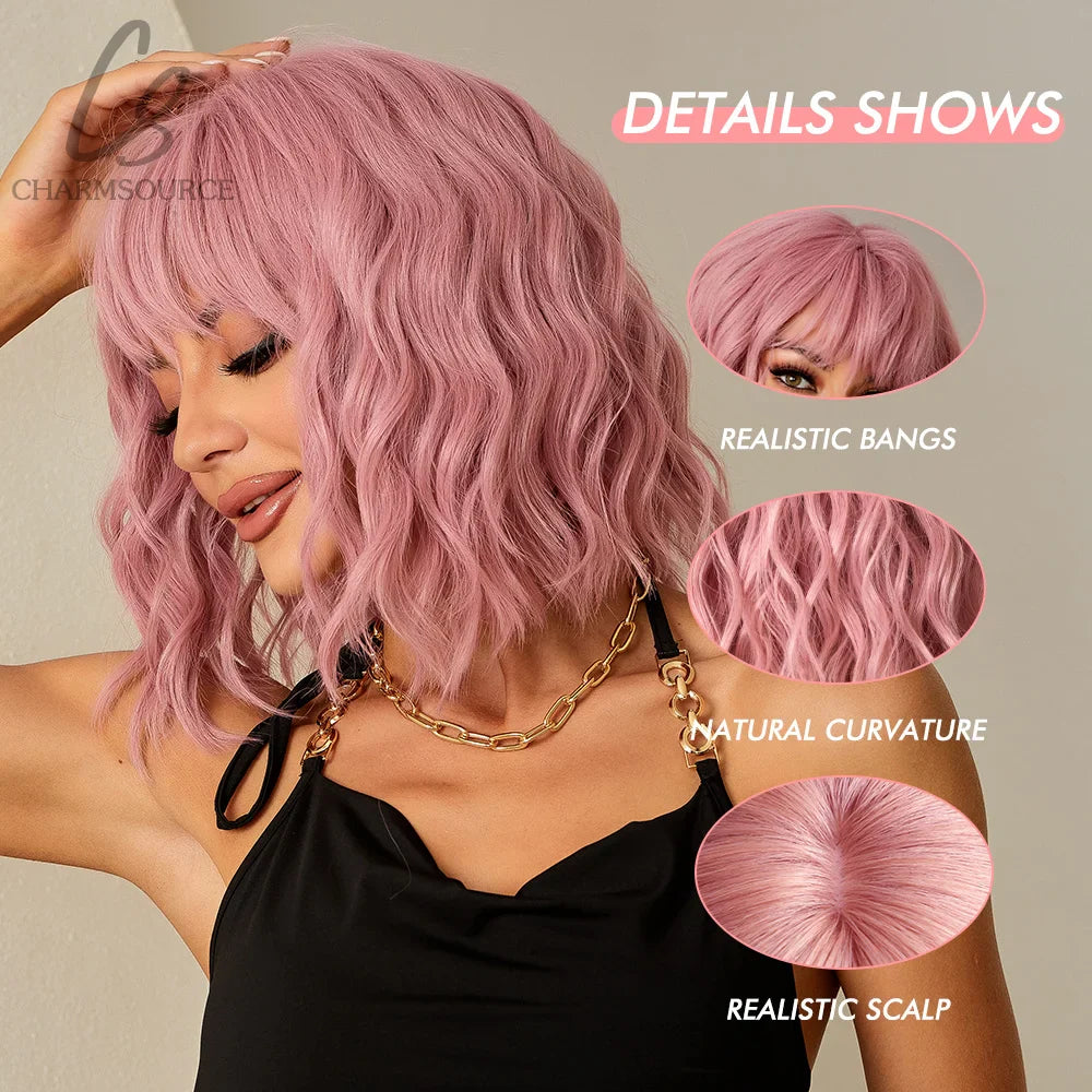 CharmSource Pink BOBO Short Synthetic Wig for Women — Natural Wave, High-Density, Heat-Resistant Hair for Daily & Party