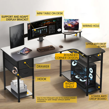 L-Shape Carbon Fiber Gaming Desk with Drawers & Monitor Arm – Home Office Computer Desk