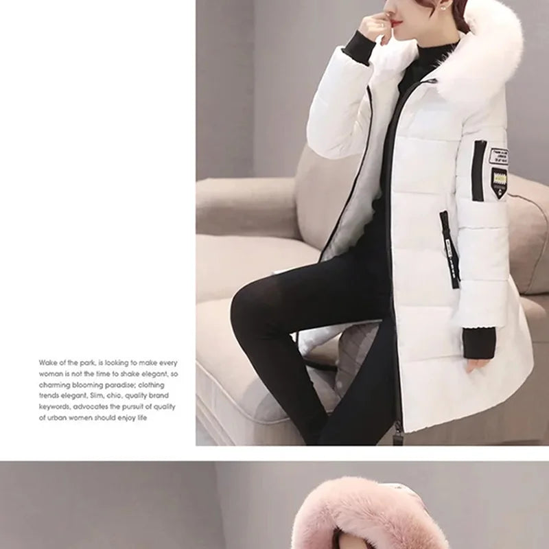 Women's Winter Parka – Fur Collar Hooded Long Jacket, Slim Fit, Warm & Thick with Letter Patch & Zipper Pockets